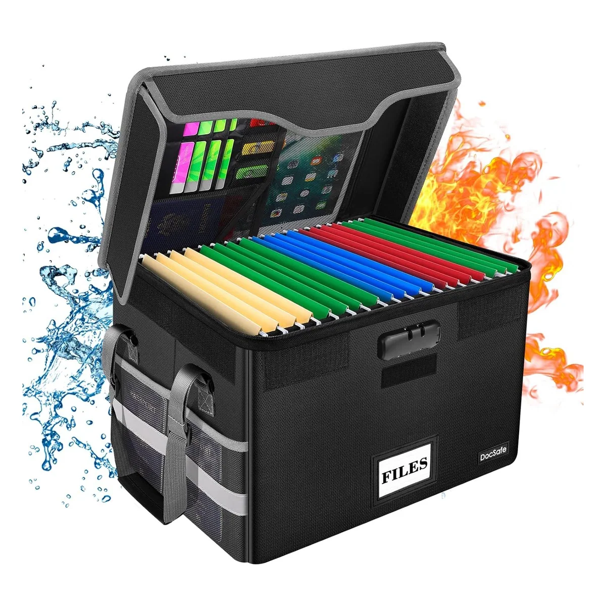 DocSafe Fireproof File Box with Lock and Mesh Pockets